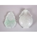 TWO CHINESE CARVED JADEITE TABLET / PENDANTS, one carved in the form of a moonflask, the other in