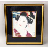 A JAPANESE 20TH CENTURY WOOD BLOCK PRINT / PRINT OF A BIJIN, the lower right section signed and