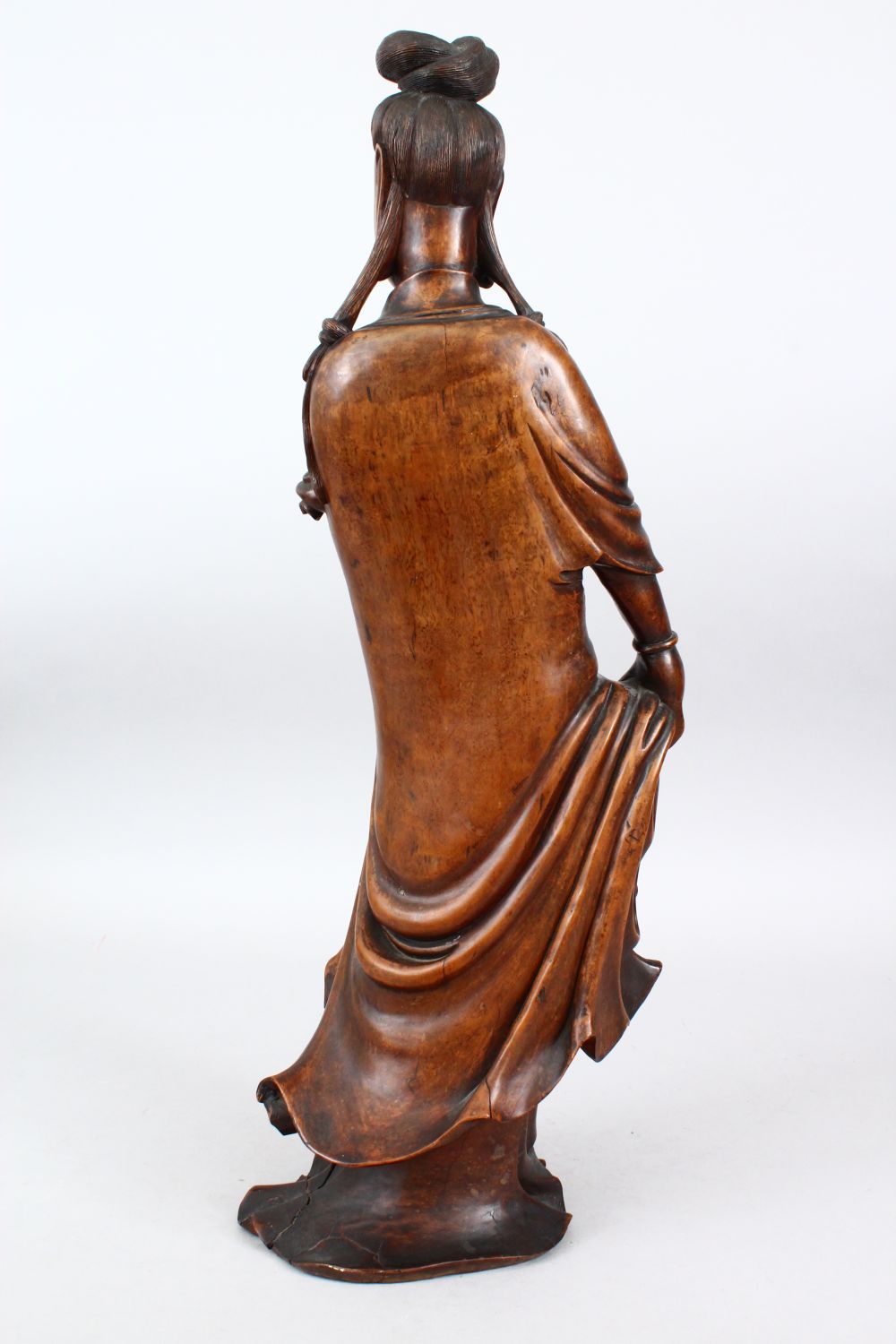 A GOOD 19TH CENTURY CHINESE CARVED HARDWOOD FIGURE OF GUANYIN, stood in traditional attire and - Image 4 of 6