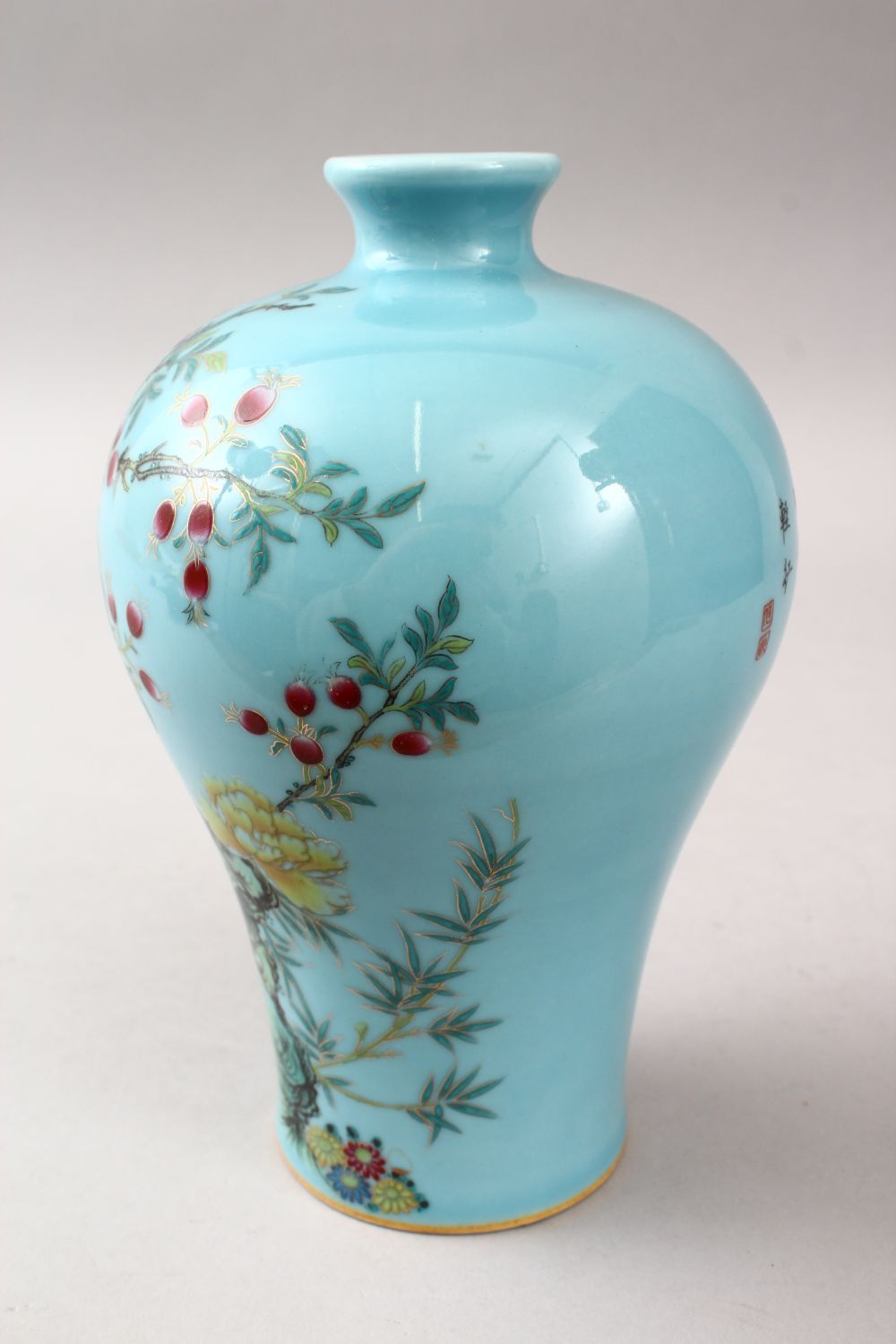 A GOOD CHINESE FAMILLE ROSE PORCELAIN MEIPING VASE, the body with a turquoise ground and decorated - Image 4 of 8