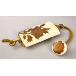 A GOOD JAPANESE MEIJI PERIOD CARVED IVORY AND GOLD LACQUER FOUR CASE INRO, NETSUKE & OJIME BEAD, the