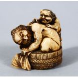 A GOOD JAPANESE MEIJI PERIOD CARVED IVORY NETSUKE OF SHOKI & ONI, shoki rendered leant over a weaved