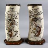 A GOOD PAIR OF JAPANESE MEIJI PERIOD CARVED IVORY & SHIBAYAMA TUSK VASES, the tusk sections