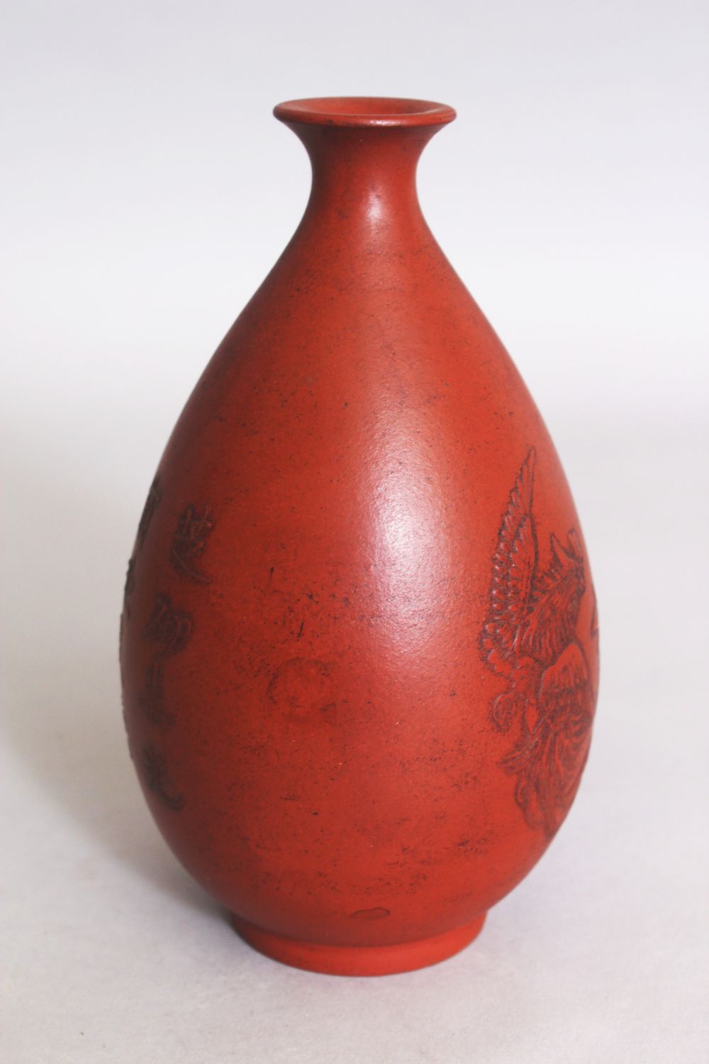 AN UNUSUAL CHINESE YIXING POTTERY VASE, the pear-form body decorated with calligraphy and with a - Image 2 of 10