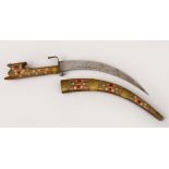 A GOOD CARVED WOODEN DAGGER WITH INLAID SCABBARD AND HILT, 37CM LONG