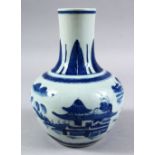 A 19TH CENTURY CHINESE EXPORT CANTON BLUE & WHITE PORCELAIN BOTTLE VASE, the body with decoration of