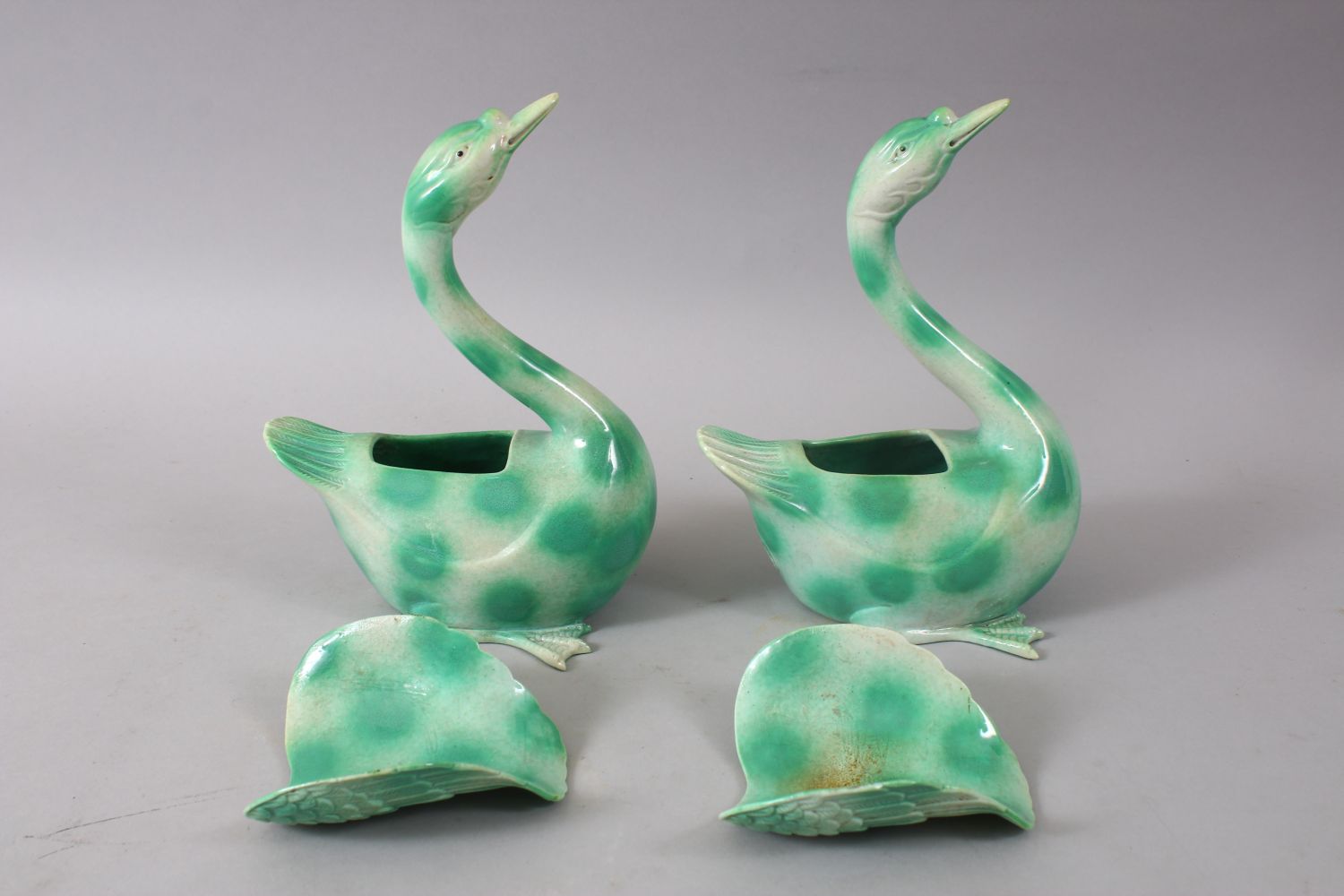 A GOOD PAIR OF CHINESE GREEN GROUND PORCELAIN GEESE / DUCK CENSERS & COVERS, both in original boxes, - Image 2 of 7