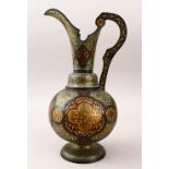 A GOOD ISLAMIC CERAMIC EWER, decorated in gold, green and blue formal decoration, 39.5cm high x 22cm