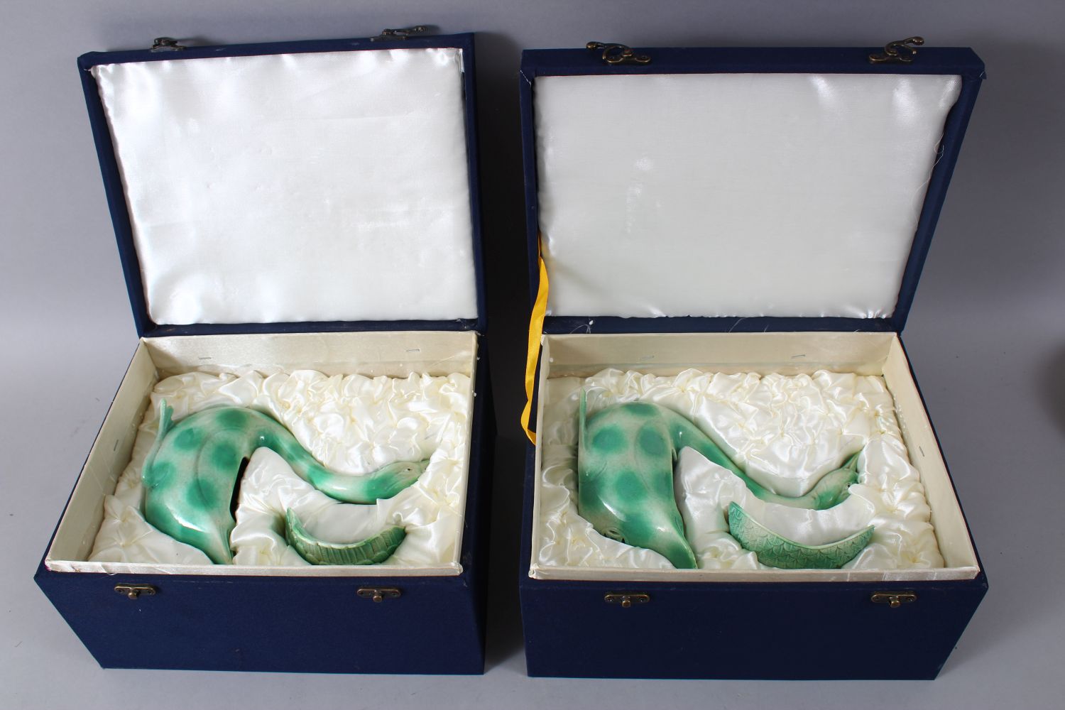 A GOOD PAIR OF CHINESE GREEN GROUND PORCELAIN GEESE / DUCK CENSERS & COVERS, both in original boxes, - Image 7 of 7