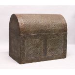 A LARGE 18TH / 19TH CENTURY WOOD & BRASS INDIAN EMBOSSED CASKET / TRUNK, with embossed decoration