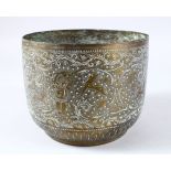A 19TH CENTURY INDIAN / BURMESE CHASED BRASS JARDINIERE, the body of the pot decorated with chased