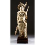 A GOOD 19TH CENTURY CHINESE CARVED IVORY FIGURE OF A WARRIOR, stood upon a hardwood inlaid base, the
