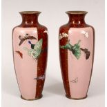 A PAIR OF JAPANESE MEIJI PERIOD SILVER WIRE & GOLD SPECK CLOISONNE VASES, each vase with paneled