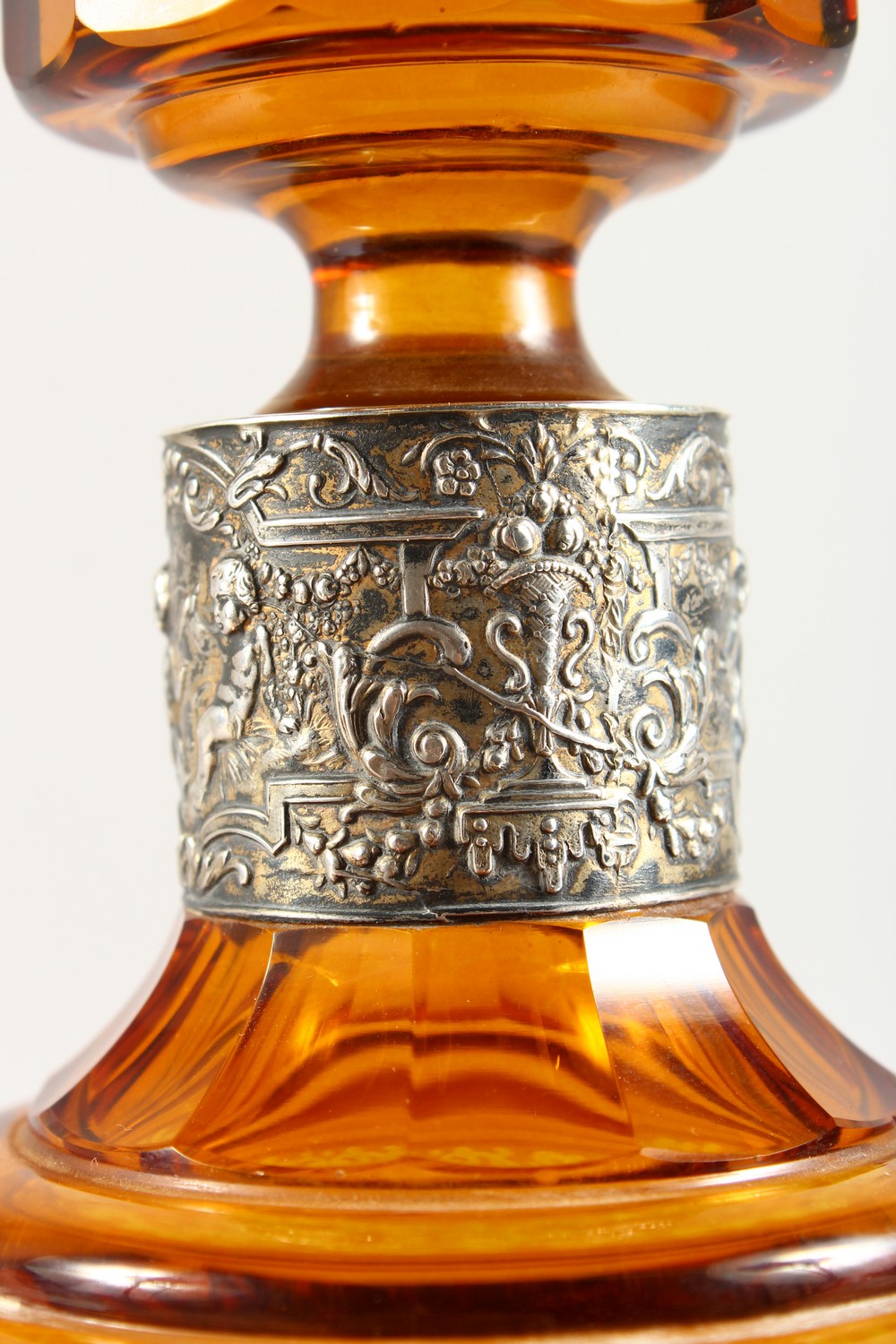 A BOHEMIAN AMBER ENGRAVED SCENT BOTTLE AND STOPPER, with silver band. 10ins high. - Image 5 of 15