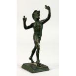 AFTER THE ANTIQUE A SMALL BRONZE FIGURE OF A FAWN, 20TH CENTURY, on a square base. 6ins high.