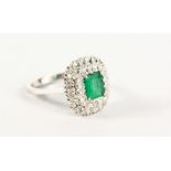 A GOOD 18CT WHITE GOLD, EMERALD AND DIAMOND CLUSTER RING.