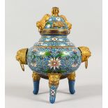 A CHINESE GILT BRONZE CLOISONNE CENSER AND COVER. 8.5ins high.