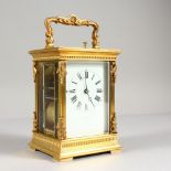 A VERY GOOD BRASS CARRIAGE CLOCK, with alarm by Z. Barraclough & Son, London and Paris. 6ins high.