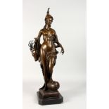 A BRONZE STATUE OF DIANA THE HUNTRESS, on a marble base. 27ins high.