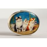 A SILVER SNUFF BOX, with enamel top "Three Cats". 2.25ins long.