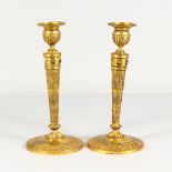 A GOOD PAIR OF LOUIS XVI ORMOLU CANDLESTICKS on circular bases. 10ins high.