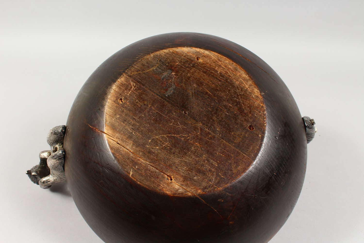 A LARGE WOODEN CIRCULAR BOWL, 11.5ins diameter, mounted with a plated squirrel and a pair of - Image 7 of 7