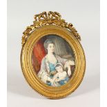A GOOD 19TH CENTURY OVAL PORTRAIT MINIATURE, of a lady and young child by her side, in an ornate
