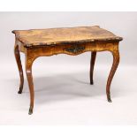 A 19TH CENTURY FIGURED WALNUT FOLD-OVER CARD TABLE, of serpentine outline, on cabriole legs with