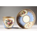 A LARGE VERY GOOD SEVRES CUP AND SAUCER, pale blue ground with pearl work and gilt, painted with