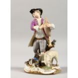 A 19TH CENTURY MEISSEN PORCELAIN FIGURE OF A YOUNG GALLANT, carrying bagpipes, a dog and sheep by