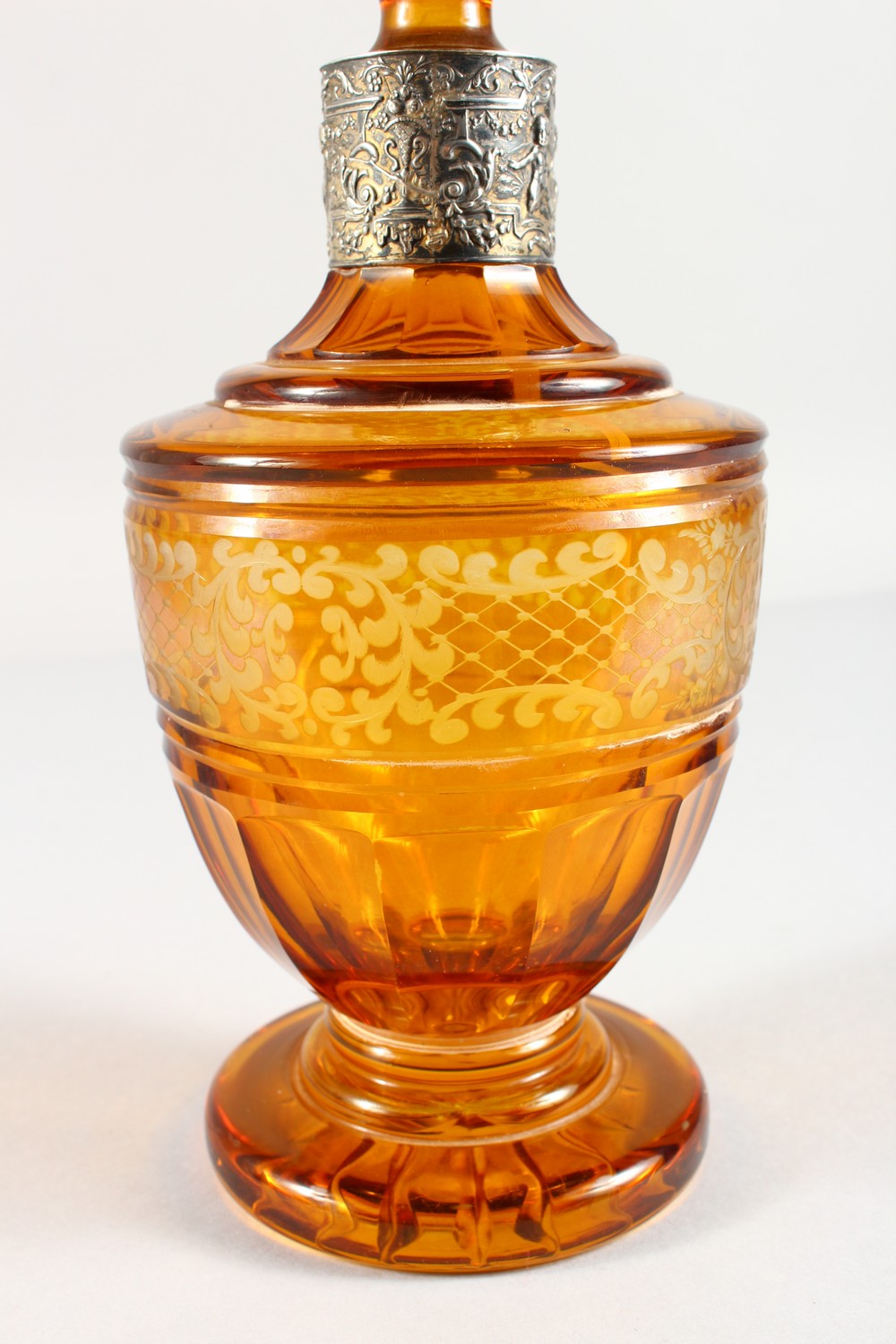 A BOHEMIAN AMBER ENGRAVED SCENT BOTTLE AND STOPPER, with silver band. 10ins high. - Image 9 of 15