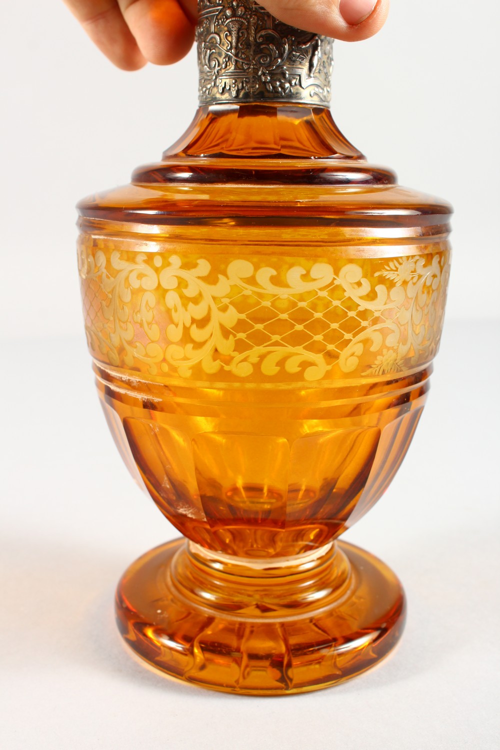 A BOHEMIAN AMBER ENGRAVED SCENT BOTTLE AND STOPPER, with silver band. 10ins high. - Image 11 of 15