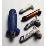 A COLLECTION OF FIVE ROMAN TYPE DECORATIVE GLASS PENIS.