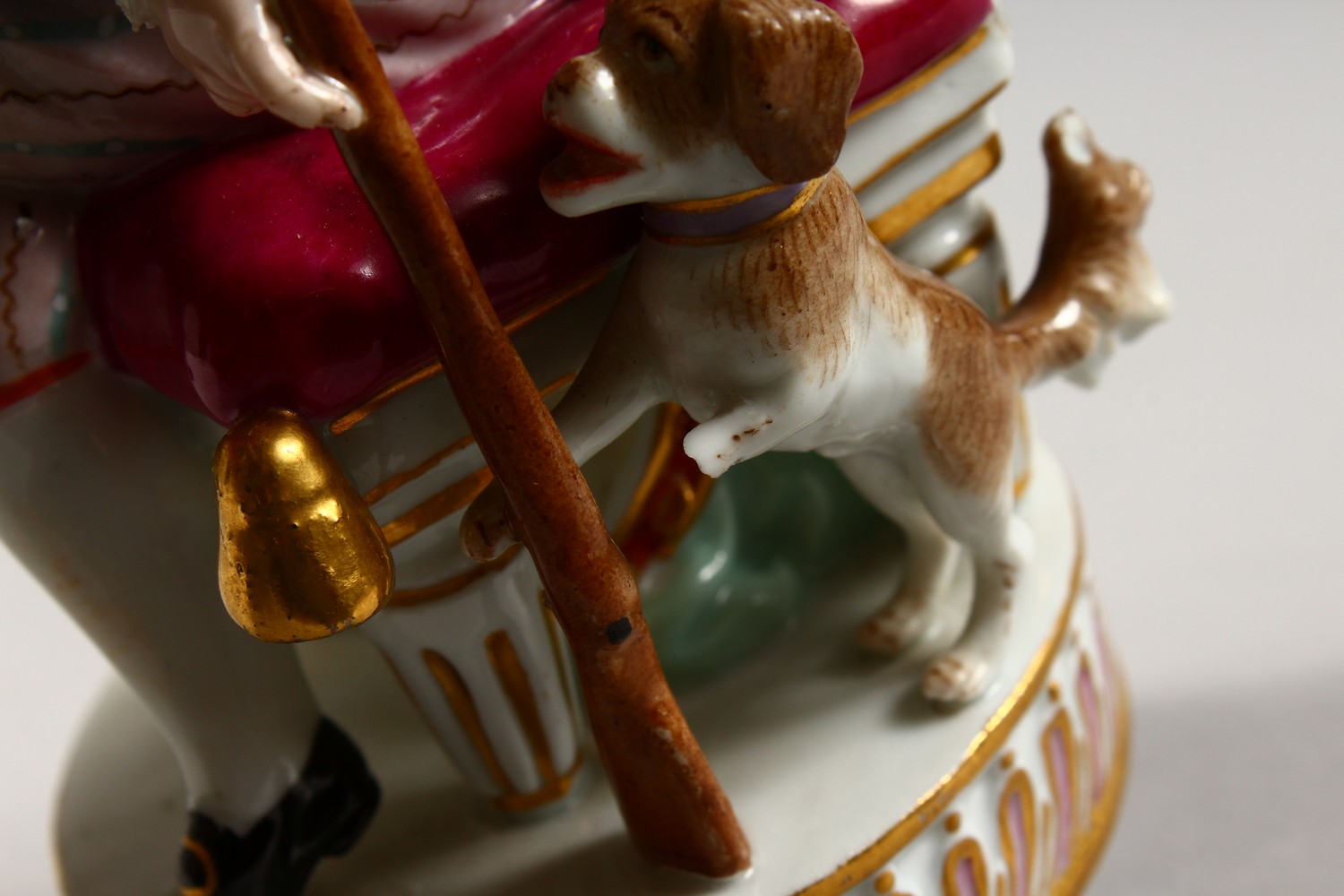 A 19TH CENTURY MEISSEN PORCELAIN FIGURE OF A BOY, seated on a stool holding a gun, dog by his - Image 7 of 13