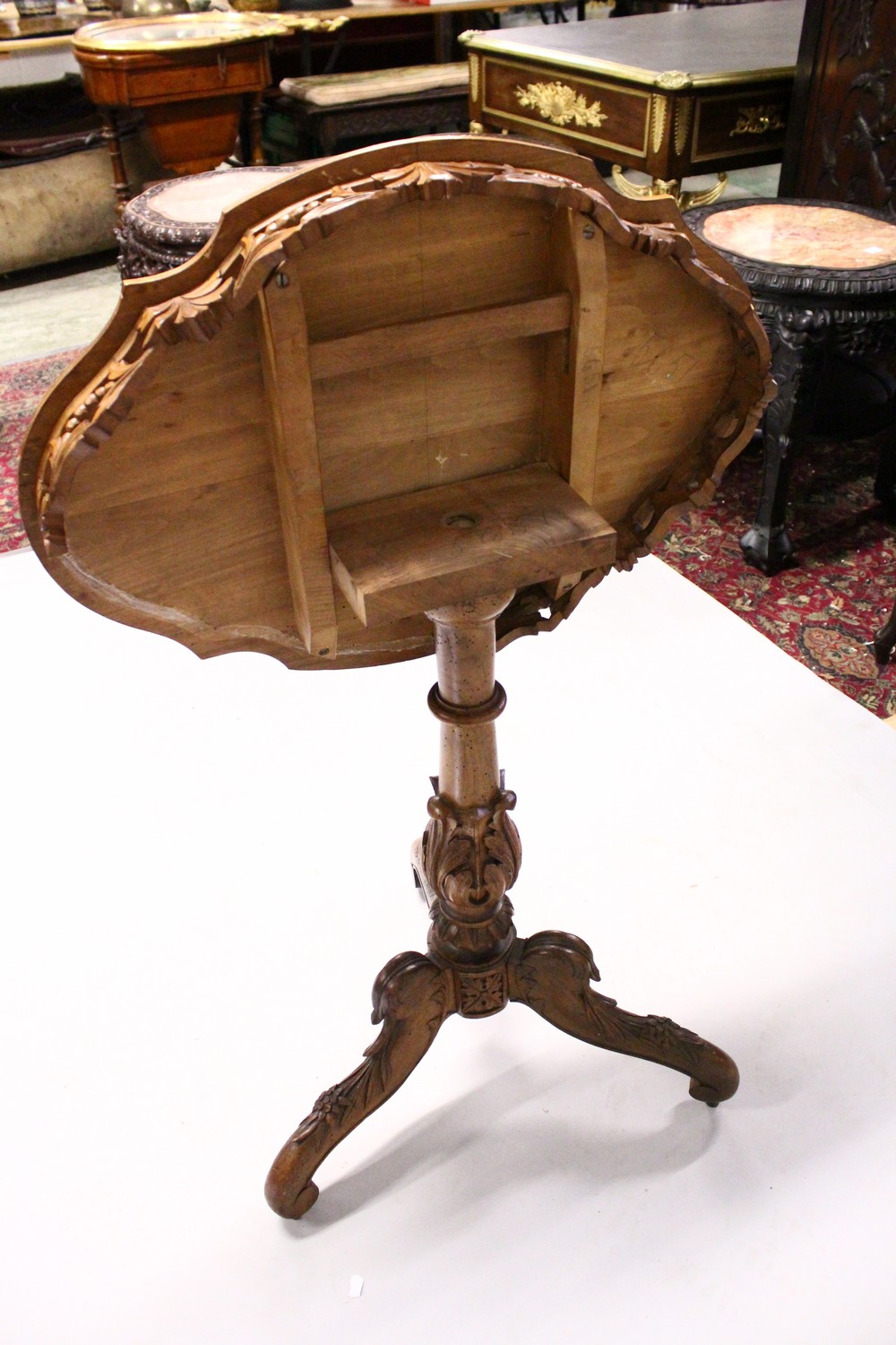 A "BLACK FOREST" WALNUT AND MARQUETRY TRIPOD TABLE, the shaped top inlaid with a scene of mountain - Image 5 of 7