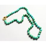 A STRING OF TURQUOISE BEADS with gold clasp.