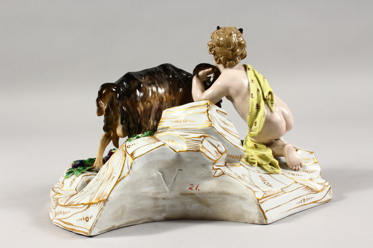 A GOOD MEISSEN PORCELAIN GROUP of a faun wrestling with a goat, on a gilt encrusted base. Incised - Image 4 of 8