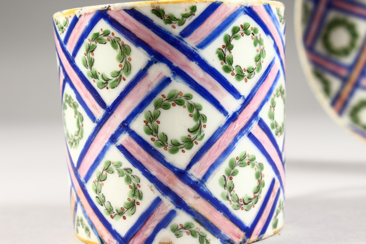 A GOOD 19TH CENTURY SEVRES COFFEE CAN AND SAUCER, blue crosshatch decoration with a laurel wreath. - Image 2 of 11