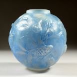 A LALIQUE BLUE TINTED VASE "FORMOSE". Etched R. LALIQUE, FRANCE. 16.5cm.