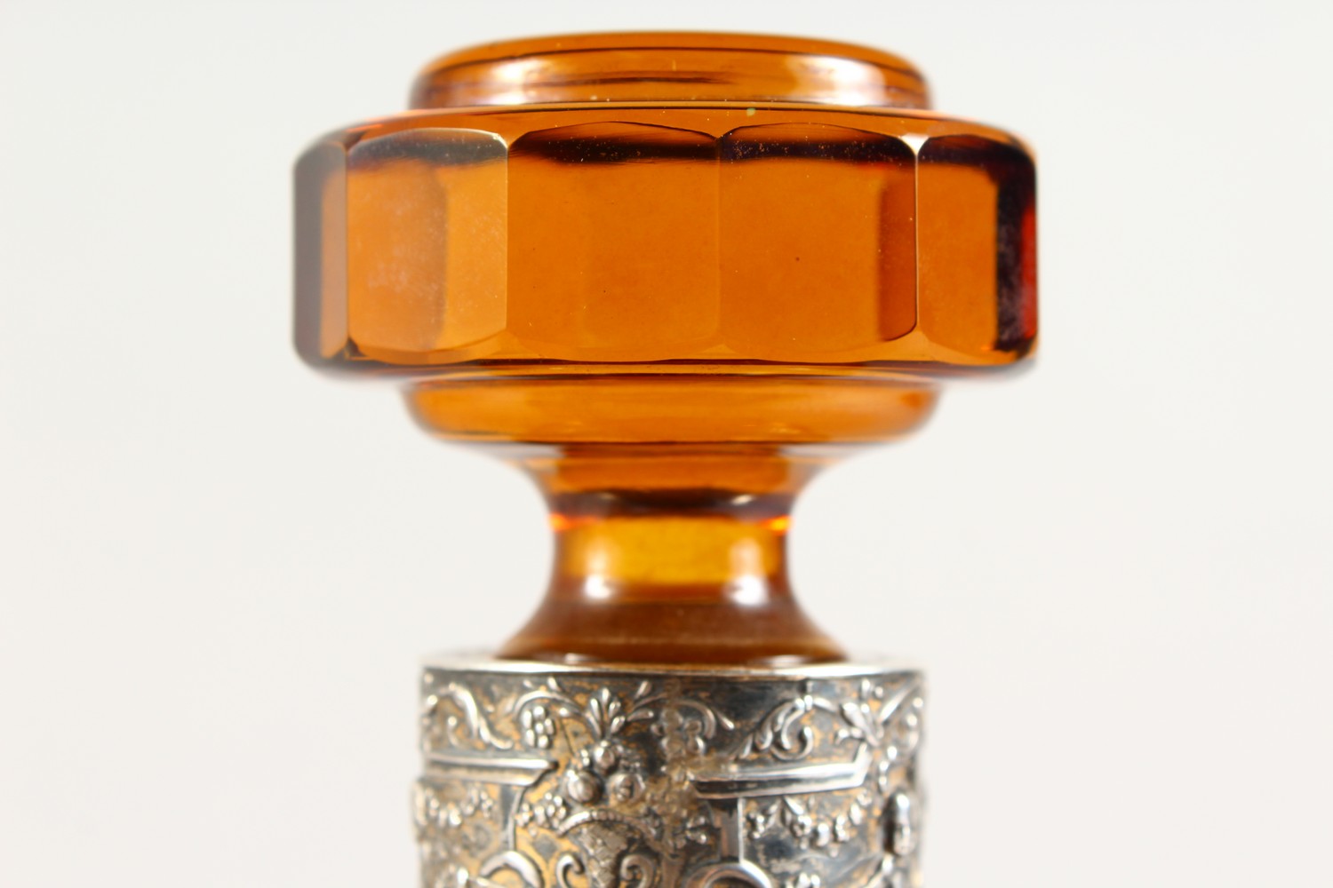 A BOHEMIAN AMBER ENGRAVED SCENT BOTTLE AND STOPPER, with silver band. 10ins high. - Image 8 of 15