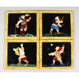A GOOD SET OF FOUR ITALIAN MARBLE INLAID RECTANGULAR PLAQUES of a fire eater, swordsman, juggler and