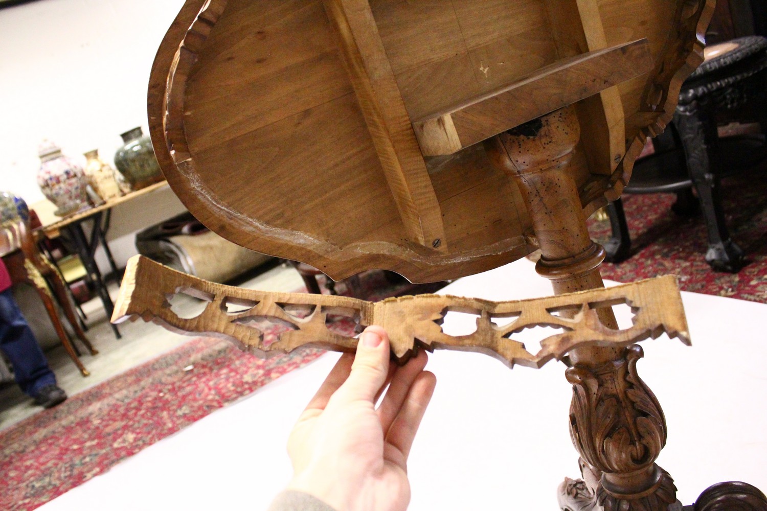 A "BLACK FOREST" WALNUT AND MARQUETRY TRIPOD TABLE, the shaped top inlaid with a scene of mountain - Image 6 of 7