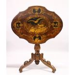 A "BLACK FOREST" WALNUT AND MARQUETRY TRIPOD TABLE, the shaped top inlaid with a scene of mountain