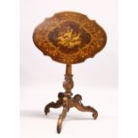 A "BLACK FOREST" WALNUT AND MARQUETRY TRIPOD TABLE, the shaped top inlaid with a scene of mountain