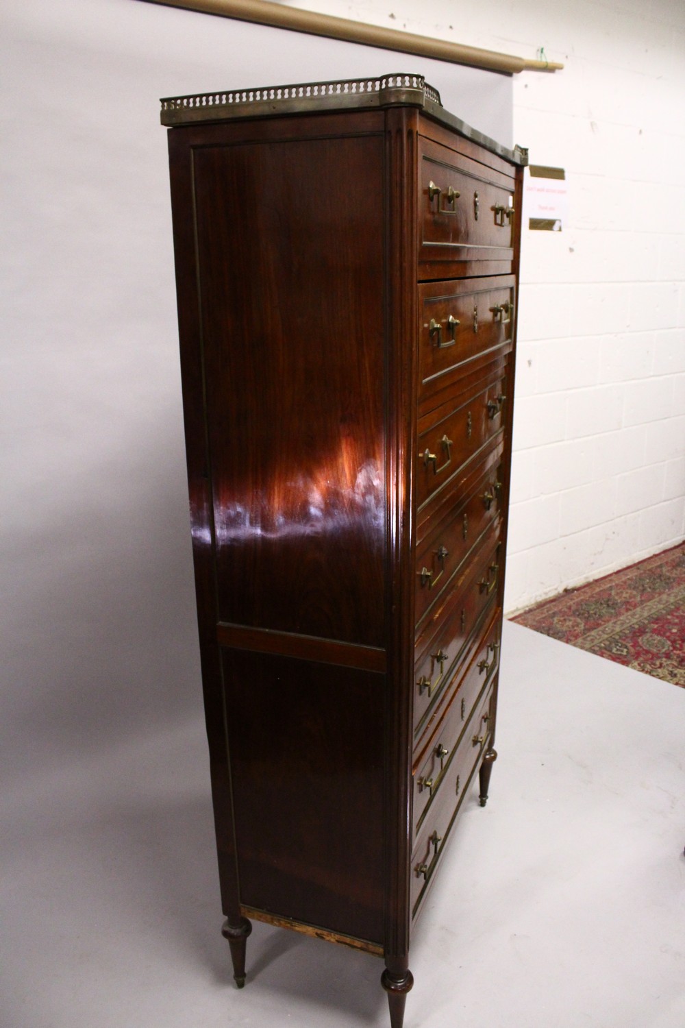 A 19TH CENTURY FRENCH MAHOGANY SEMAINIER, with brass galleried top, seven panelled drawers with - Image 5 of 5