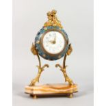 A SMALL FRENCH CHAMPLEVE ENAMEL DESK CLOCK, with cherub cresting, circular painted dial on an