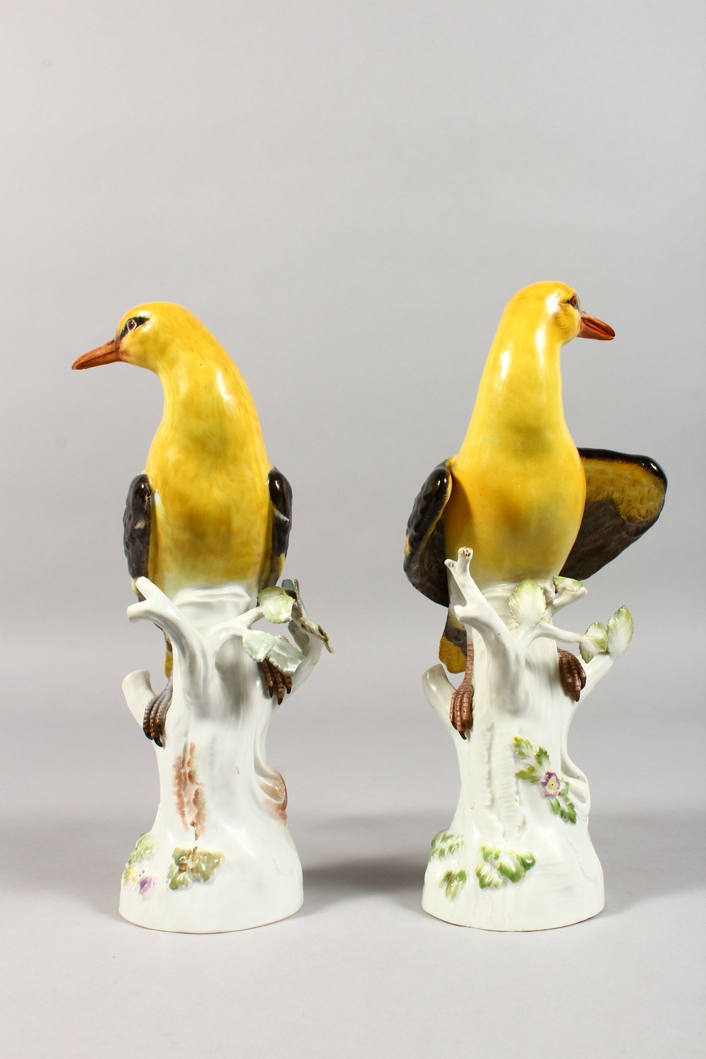 A VERY GOOD PAIR OF 19TH CENTURY MEISSEN BIRDS "GOLDEN ORIOLES" standing on encrusted tree stumps. - Image 5 of 18