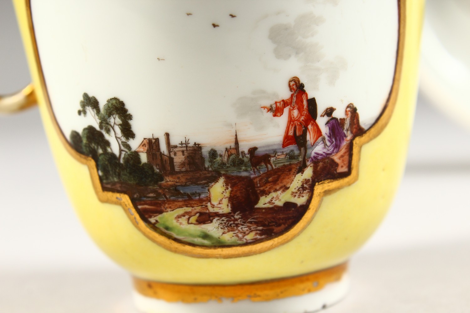 A SUPERB 18TH CENTURY MEISSEN CUP AND SAUCER, with yellow ground, the cup painted with two landscape - Image 7 of 13