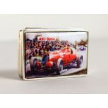 A SILVER SNUFF BOX, with enamel top "Old Racing Car". 1.75ins long.