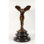 A LARGE BRONZE MODEL OF "THE SPIRIT OF ECSTASY", on a circular marble base. 25.5ins high.